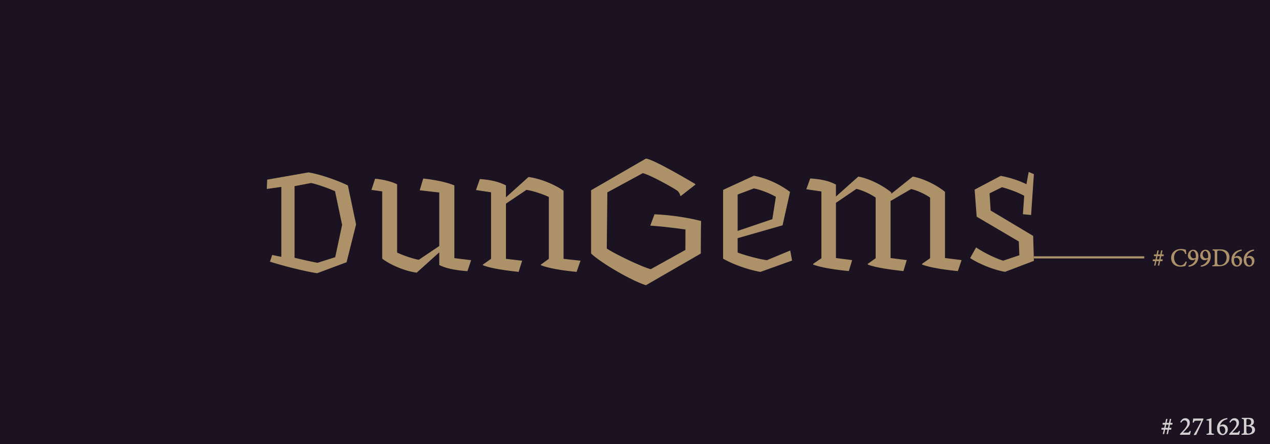 Der Logoschriftzug Dungems ist in
                gold auf verschiedenfarbigen Hintergründen zu sehen: violett, blau, grün und rot.